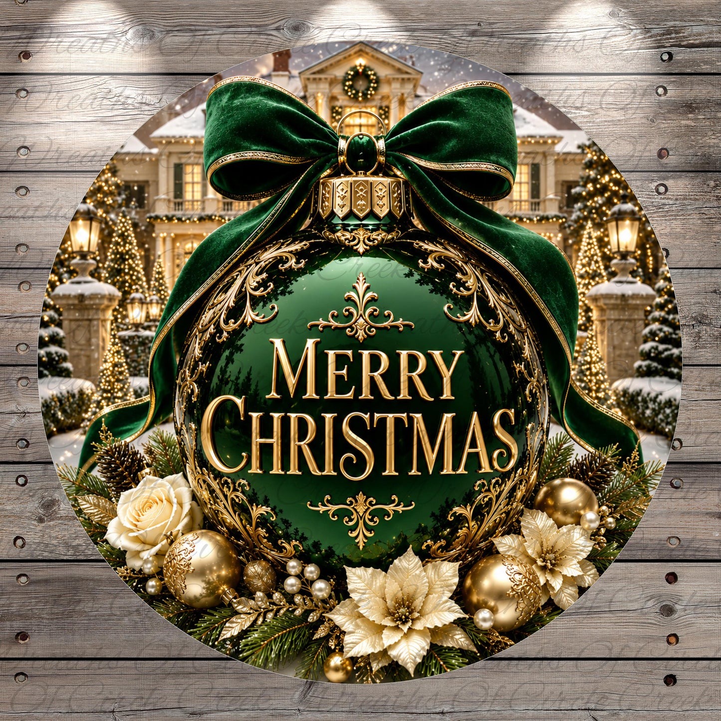 A large, ornate Christmas ornament with a green ribbon and gold accents, surrounded by gold and white ornaments, greenery, and a wreath. The text "Merry Christmas" is displayed on the ornament.