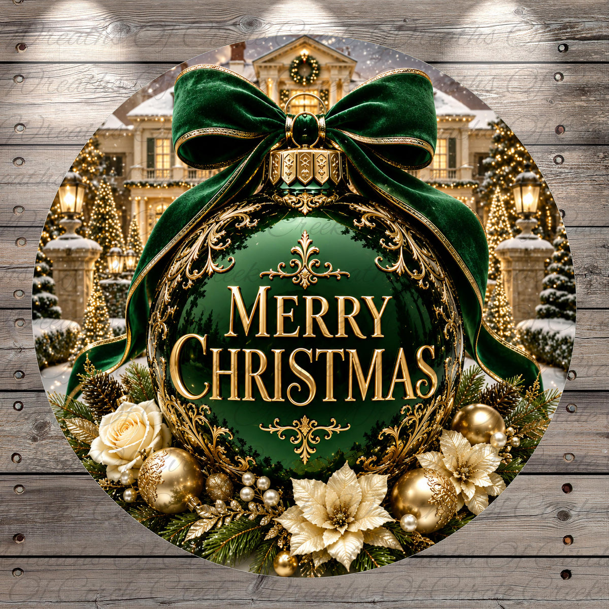 A large, ornate Christmas ornament with a green ribbon and gold accents, surrounded by gold and white ornaments, greenery, and a wreath. The text "Merry Christmas" is displayed on the ornament.