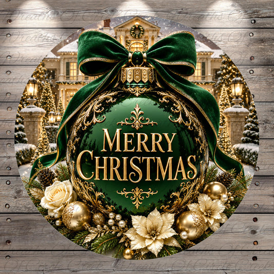 A large, ornate Christmas ornament with a green ribbon and gold accents, surrounded by gold and white ornaments, greenery, and a wreath. The text "Merry Christmas" is displayed on the ornament.