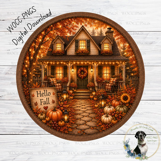 A beautifully decorated house with a porch, surrounded by fall foliage, pumpkins, and lanterns, creating a cozy and festive atmosphere.
