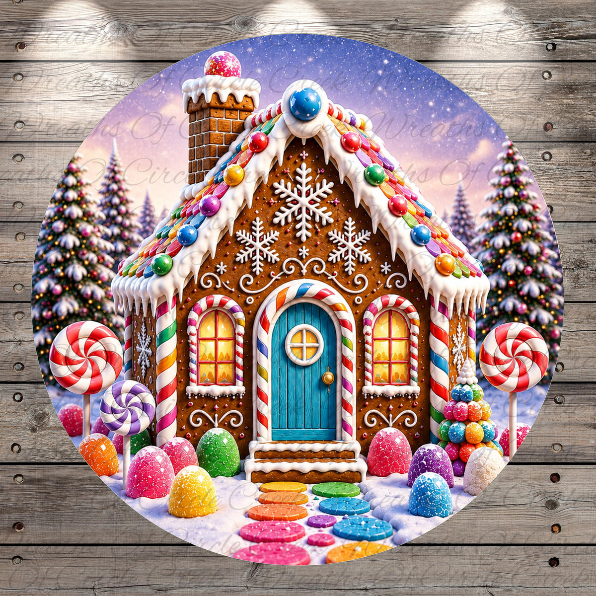 A whimsical, candy-coated gingerbread house set against a snowy winter landscape, with colorful lollipops and other sweets scattered around the scene.