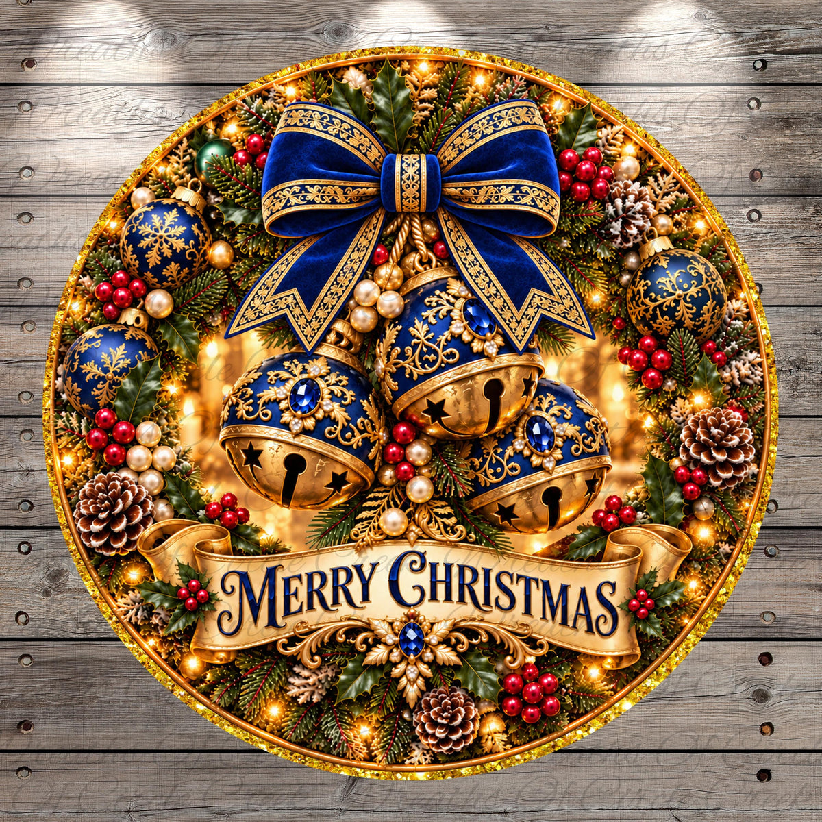 A beautifully decorated Christmas wreath with a blue ribbon, gold bells, and various ornaments, including pine cones and berries, all set against a wooden background. The wreath is adorned with the text "Merry Christmas" at the bottom.