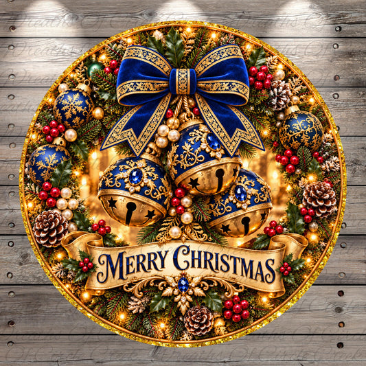 A beautifully decorated Christmas wreath with a blue ribbon, gold bells, and various ornaments, including pine cones and berries, all set against a wooden background. The wreath is adorned with the text "Merry Christmas" at the bottom.