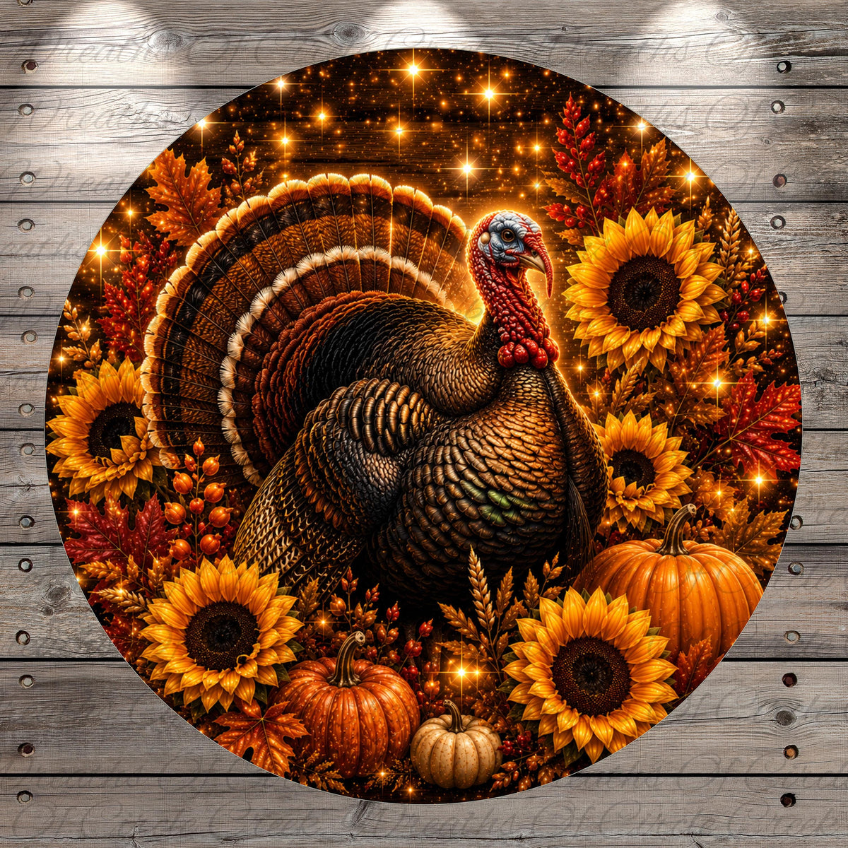 A large, detailed turkey surrounded by autumn foliage, sunflowers, and pumpkins, all set against a starry night sky background.