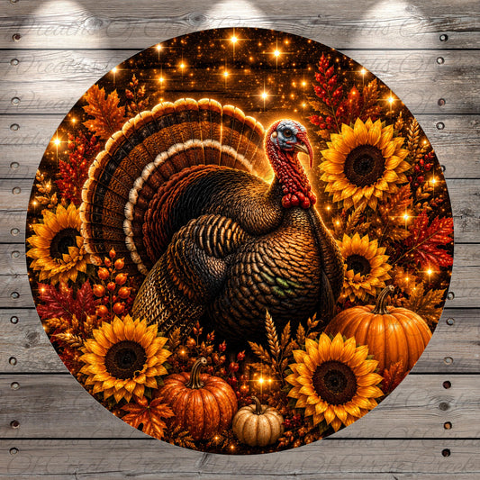 A large, detailed turkey surrounded by autumn foliage, sunflowers, and pumpkins, all set against a starry night sky background.