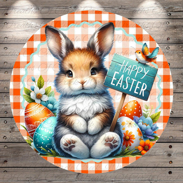 A cute, fluffy rabbit sits in a circle surrounded by Easter decorations, including eggs, flowers, and a sign that reads "Happy Easter".