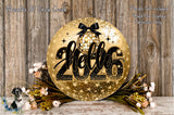 a decorative golden sign with the text "Hello 2020" surrounded by flowers and greenery, placed on a wooden surface.