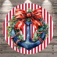 A circular wreath with a blue anchor and red ribbon, surrounded by greenery and red and white stripes.