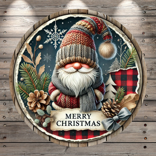 Woodland Gnome, Merry Christmas, Rustic, Red and black Plaid, Round, Light Weight, Metal, Wreath Sign, No Holes In Sign