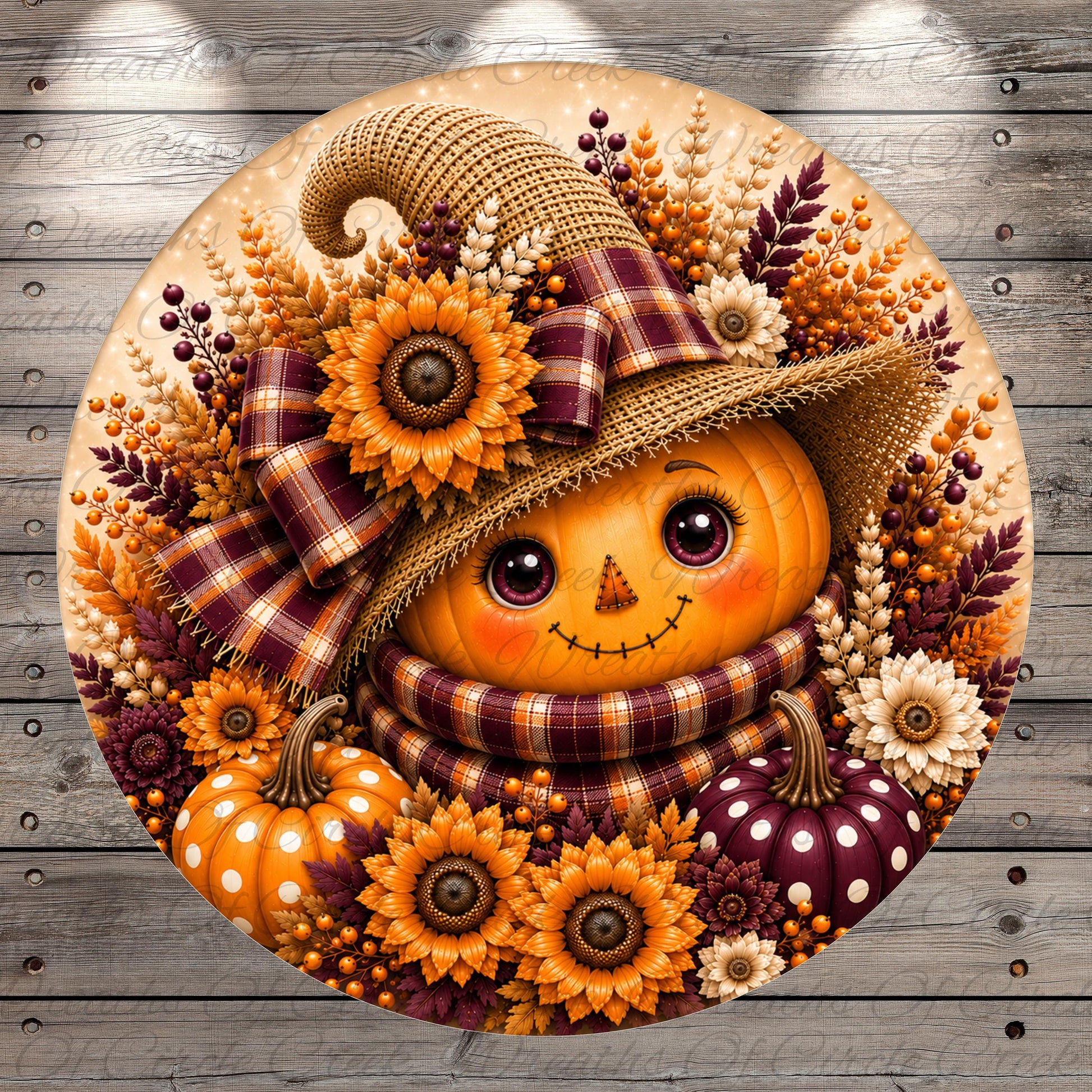 A whimsical pumpkin face with a plaid hat, surrounded by autumn-themed elements such as sunflowers, pumpkins, and berries, all set against a rustic wooden background.