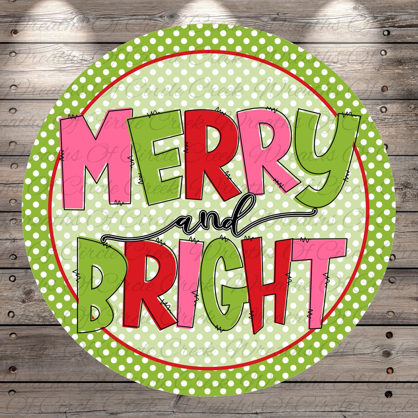 A circular graphic with the text "MERRY AND BRIGHT" in a colorful, stylized font.