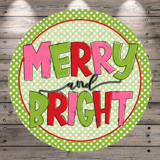 A circular graphic with the text "MERRY AND BRIGHT" in a colorful, stylized font.