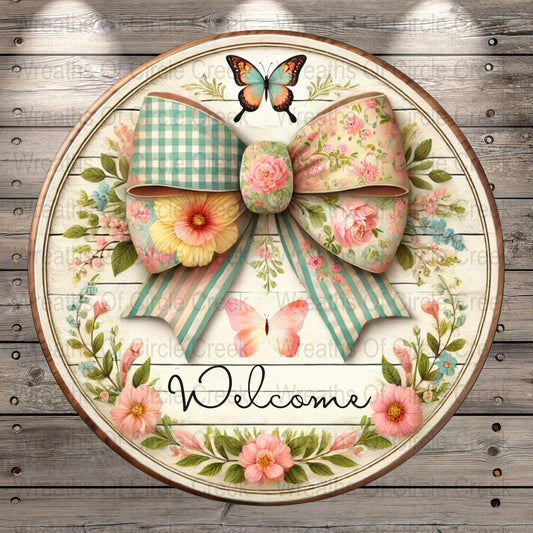 Vintage Floral Welcome Sign, Decorative Front Door Wreath with Butterflies and Ribbon Design