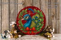 a decorative wreath with a peacock design, surrounded by flowers and greenery. The wreath is placed on a wooden surface, and there is a text overlay that reads "Wreaths Of Circle Creek" and "Florals Not Included Used For Display Purposes Only".