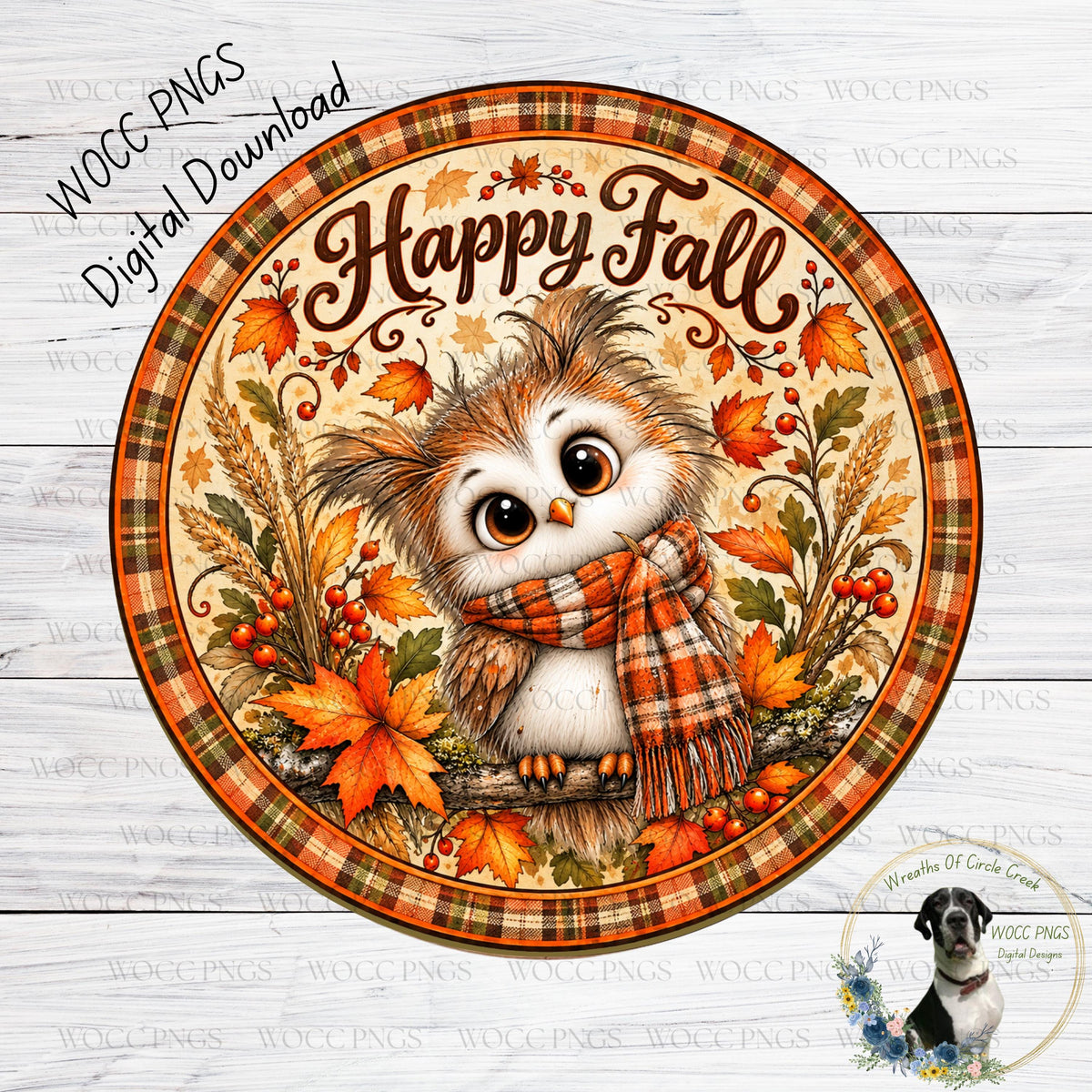 A circular, decorative plate featuring a cartoon owl wearing a scarf and surrounded by autumn leaves and berries. The text "Happy Fall" is written above the owl, and the plate is set against a wooden background.