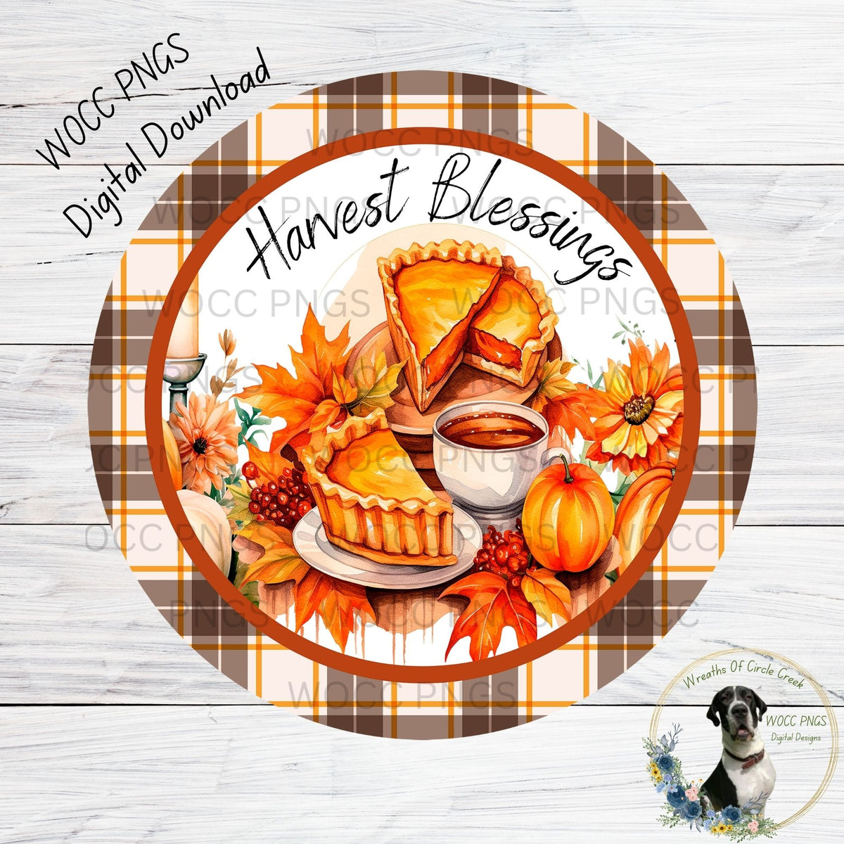 Harvest Blessings, Pumpkin Pies, Fall Plaid Border, Round, PNG, Sublimation, Printable, DIGITAL DOWNLOAD