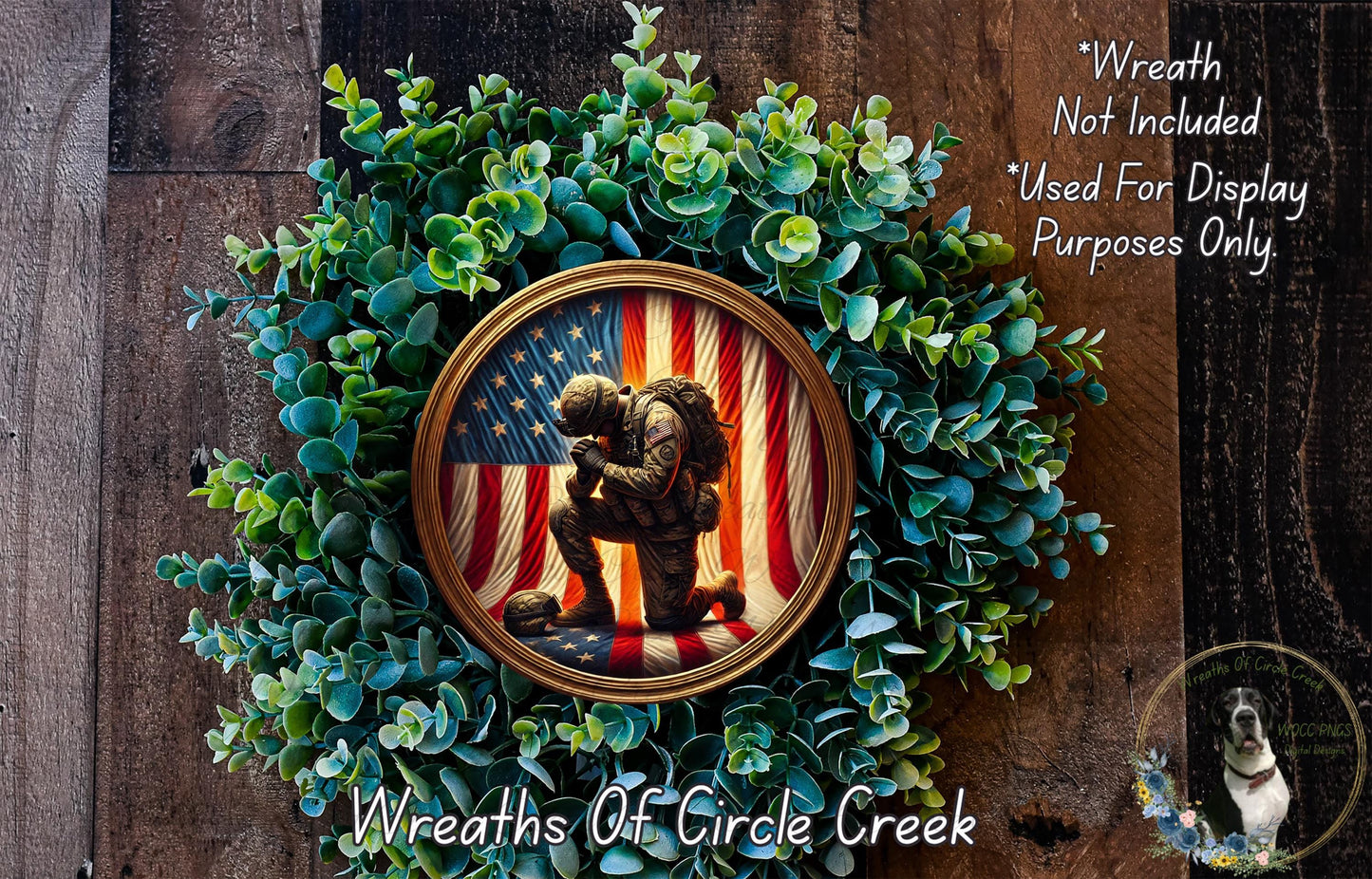 a wreath with a picture of a soldier holding an american flag