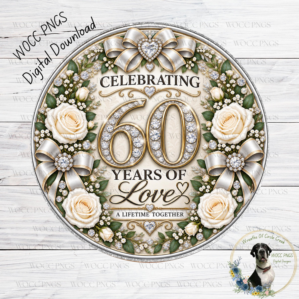 The image is a digital illustration of a round, ornate design celebrating 60 years of love. It features a floral border, a large number "60", and a heart symbol. The design is surrounded by white roses and green leaves, creating a festive and elegant appearance. The text "CELEBRATING 60 YEARS OF LOVE" is prominently displayed, emphasizing the theme of the design.
