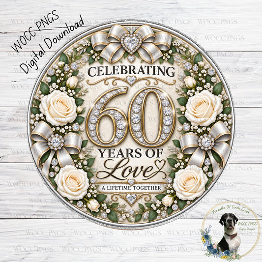 The image is a digital illustration of a round, ornate design celebrating 60 years of love. It features a floral border, a large number "60", and a heart symbol. The design is surrounded by white roses and green leaves, creating a festive and elegant appearance. The text "CELEBRATING 60 YEARS OF LOVE" is prominently displayed, emphasizing the theme of the design.