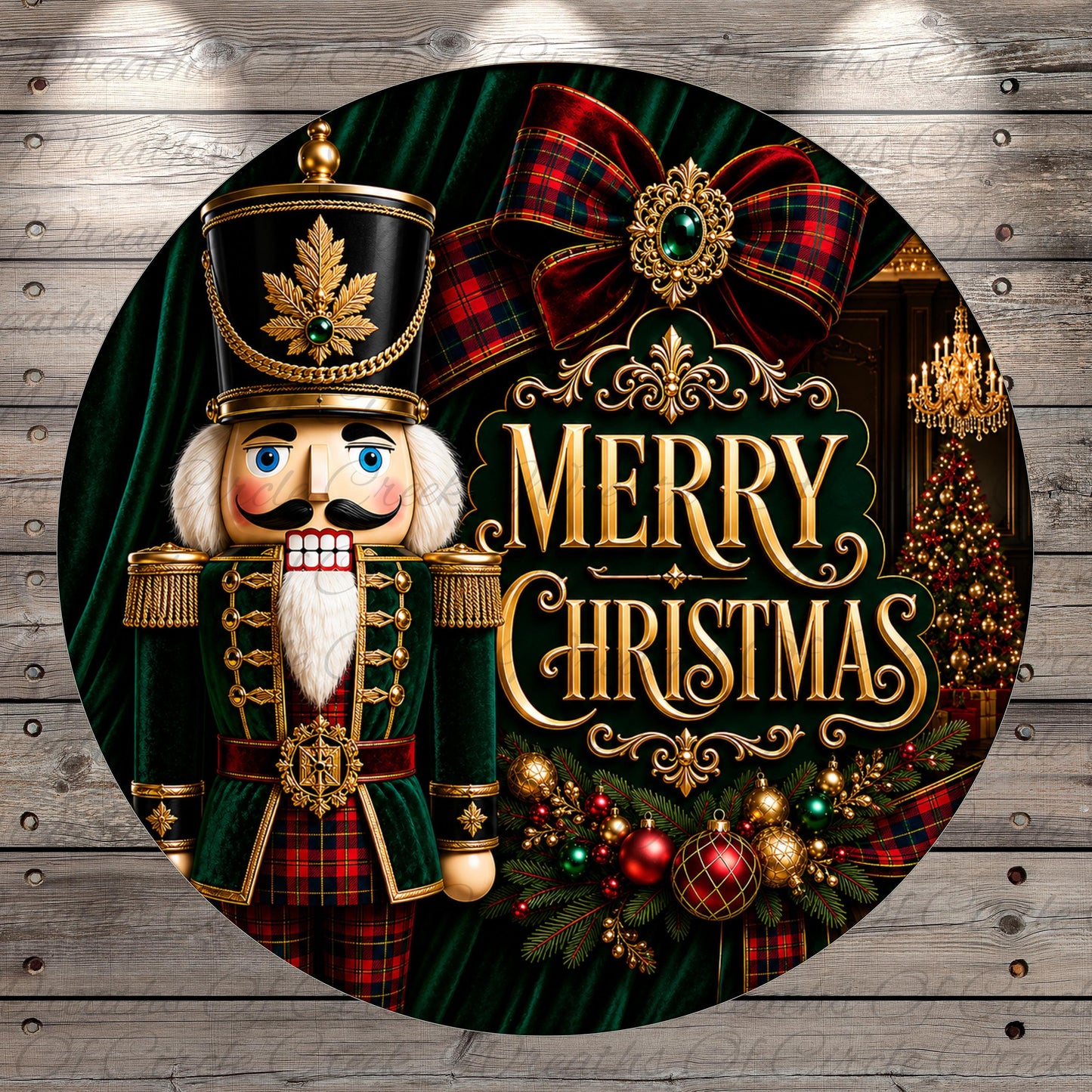 A nutcracker figure wearing a green and red outfit stands in front of a Christmas tree, with a "Merry Christmas" sign in the background.