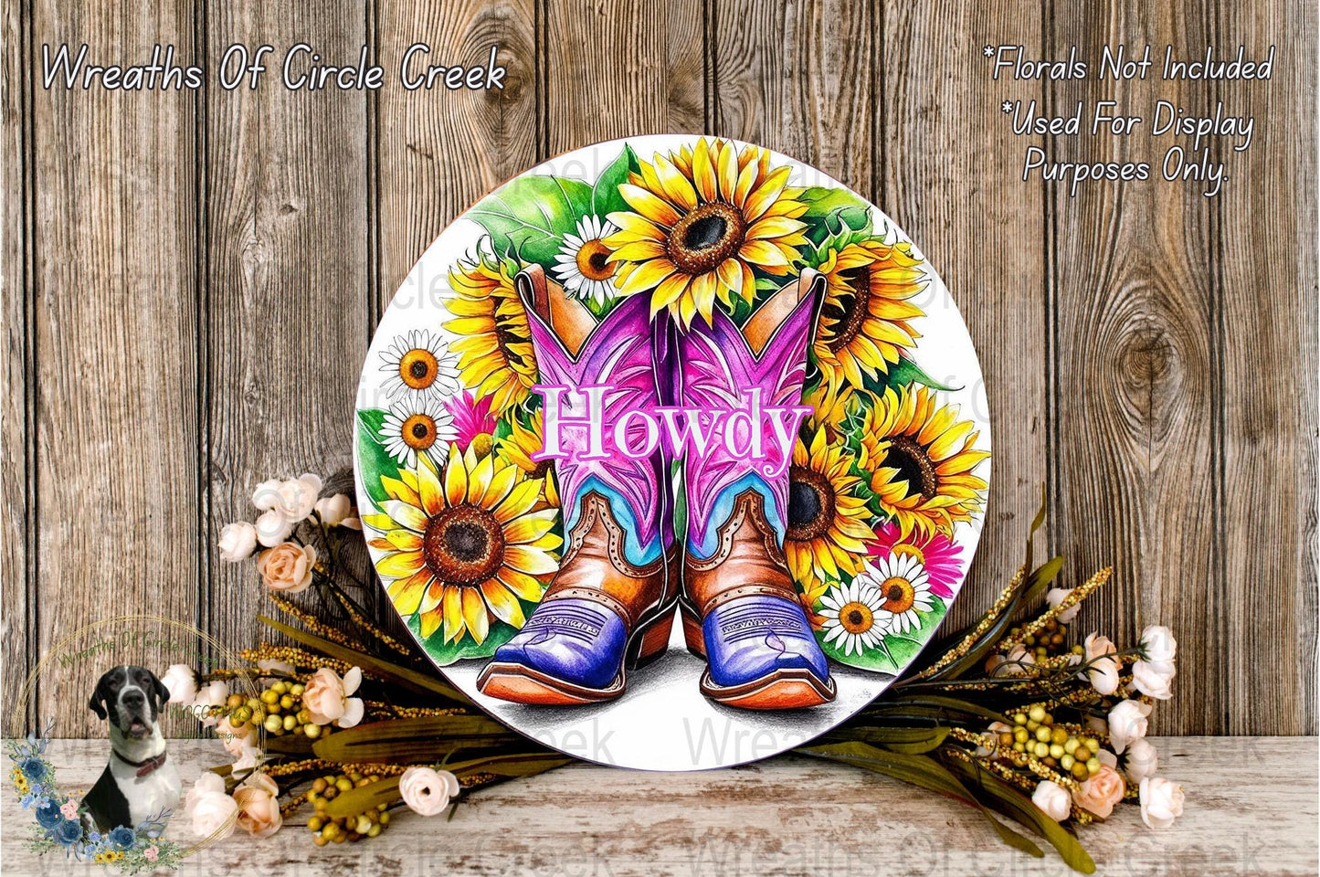 Rustic 'Howdy' Cowboy Boots Sunflower Wreath Sign, Western Home Decor, Farmhouse Style Wall Hanging, Country Chic Art