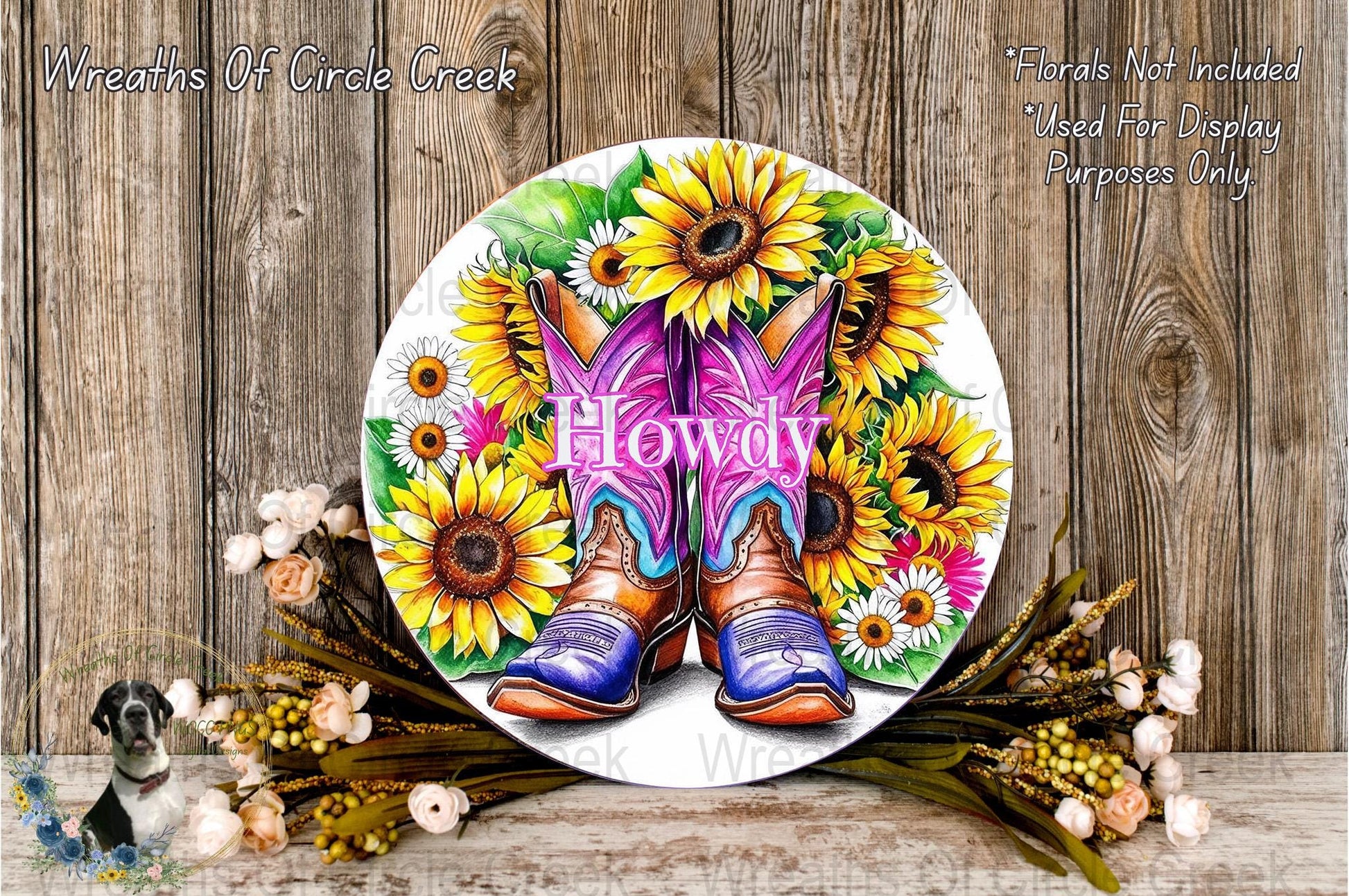 Rustic 'Howdy' Cowboy Boots Sunflower Wreath Sign, Western Home Decor, Farmhouse Style Wall Hanging, Country Chic Art
