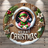 Merry Christmas Elf, Woodland, Red, Green, Round, Light Weight, Metal ,Wreath Sign, No Holes In Sign