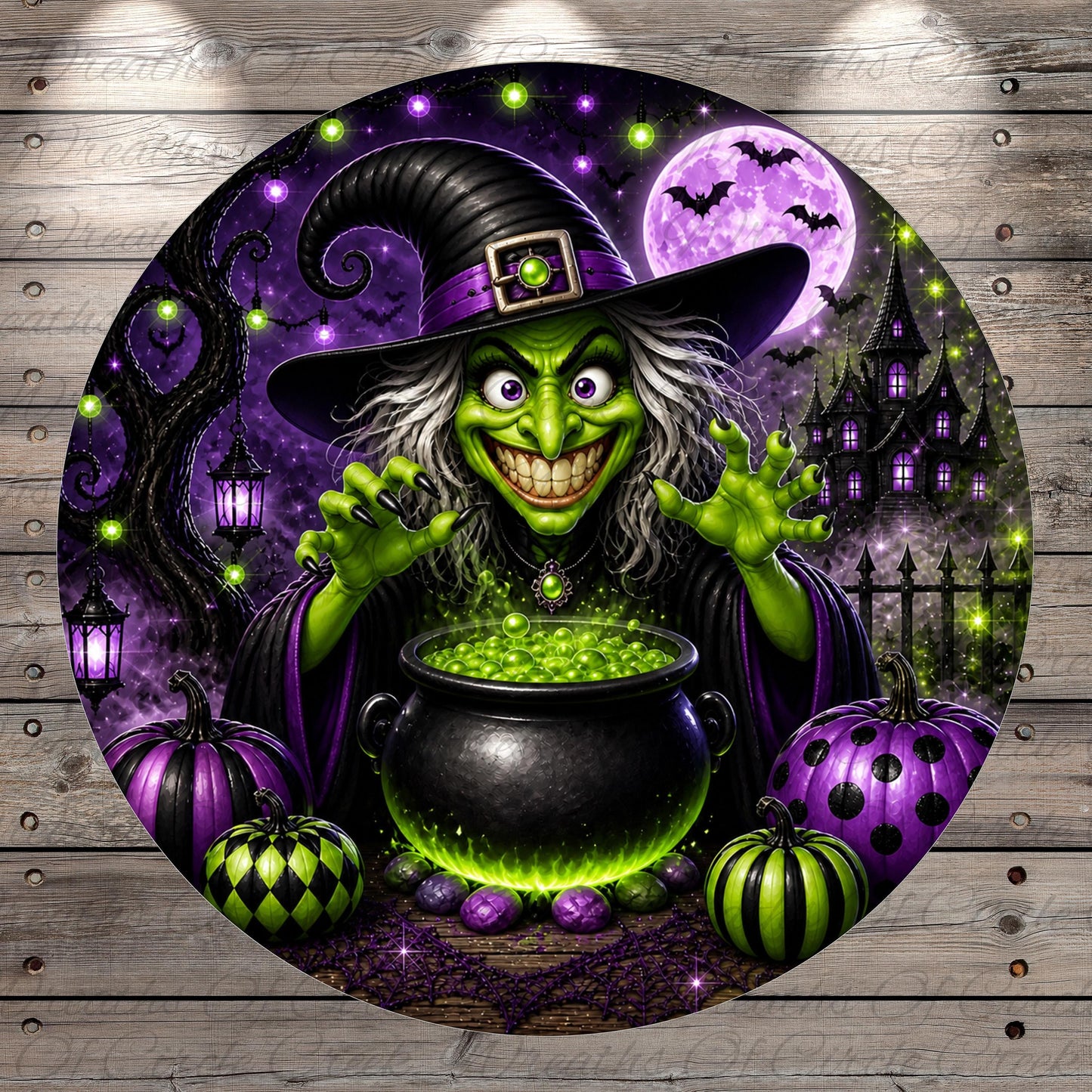 A witch wearing a black hat and green cloak is surrounded by pumpkins, a cauldron, and bats, with a full moon and bats in the background, creating a spooky and festive Halloween scene.