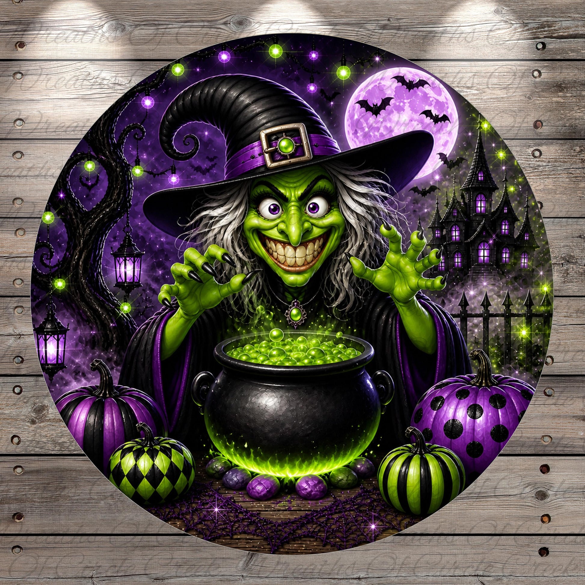 A witch wearing a black hat and green cloak is surrounded by pumpkins, a cauldron, and bats, with a full moon and bats in the background, creating a spooky and festive Halloween scene.