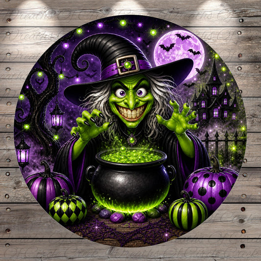 A witch wearing a black hat and green cloak is surrounded by pumpkins, a cauldron, and bats, with a full moon and bats in the background, creating a spooky and festive Halloween scene.