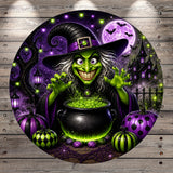 A witch wearing a black hat and green cloak is surrounded by pumpkins, a cauldron, and bats, with a full moon and bats in the background, creating a spooky and festive Halloween scene.