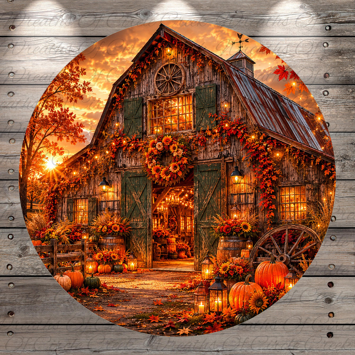A rustic wooden barn adorned with autumn decorations, including sunflowers, pumpkins, and lanterns, is illuminated by warm lighting against a backdrop of a sunset sky.