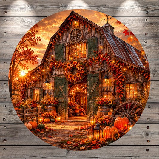 A rustic wooden barn adorned with autumn decorations, including sunflowers, pumpkins, and lanterns, is illuminated by warm lighting against a backdrop of a sunset sky.