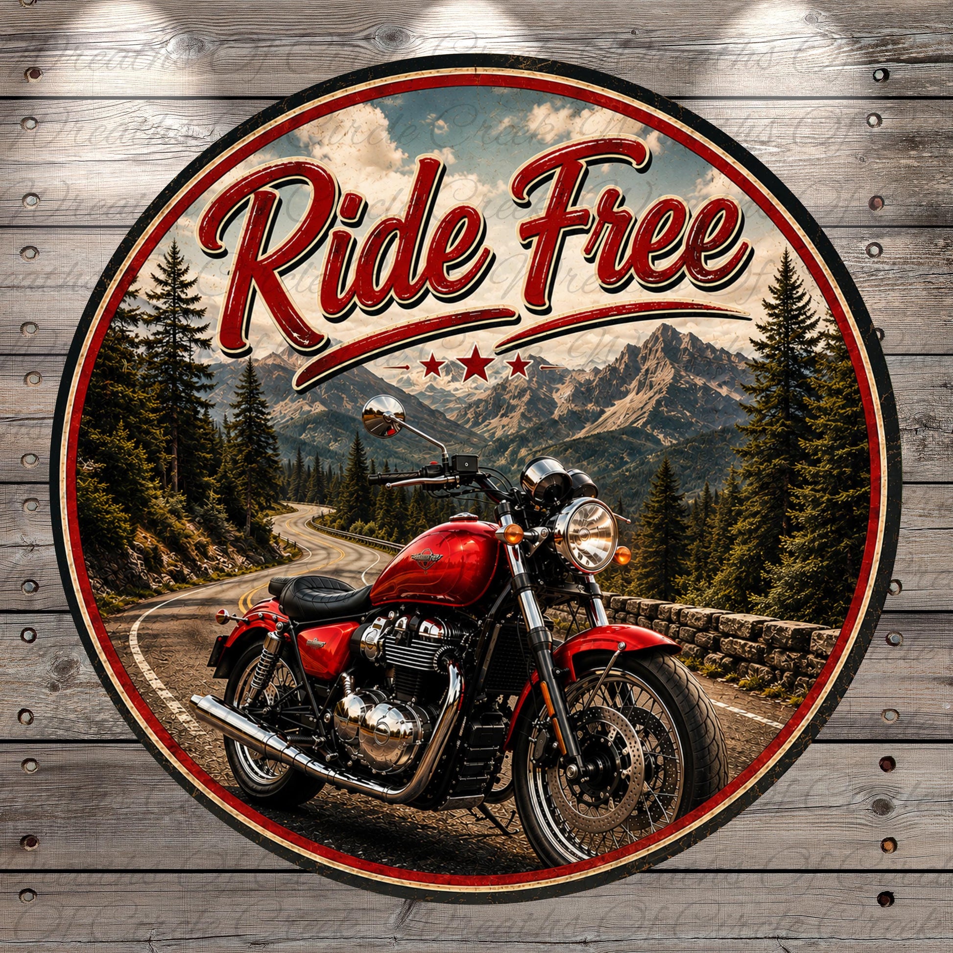 A red motorcycle is featured in the center of the image, with a scenic mountain landscape in the background. The text "Ride Free" is prominently displayed in the center of the image.