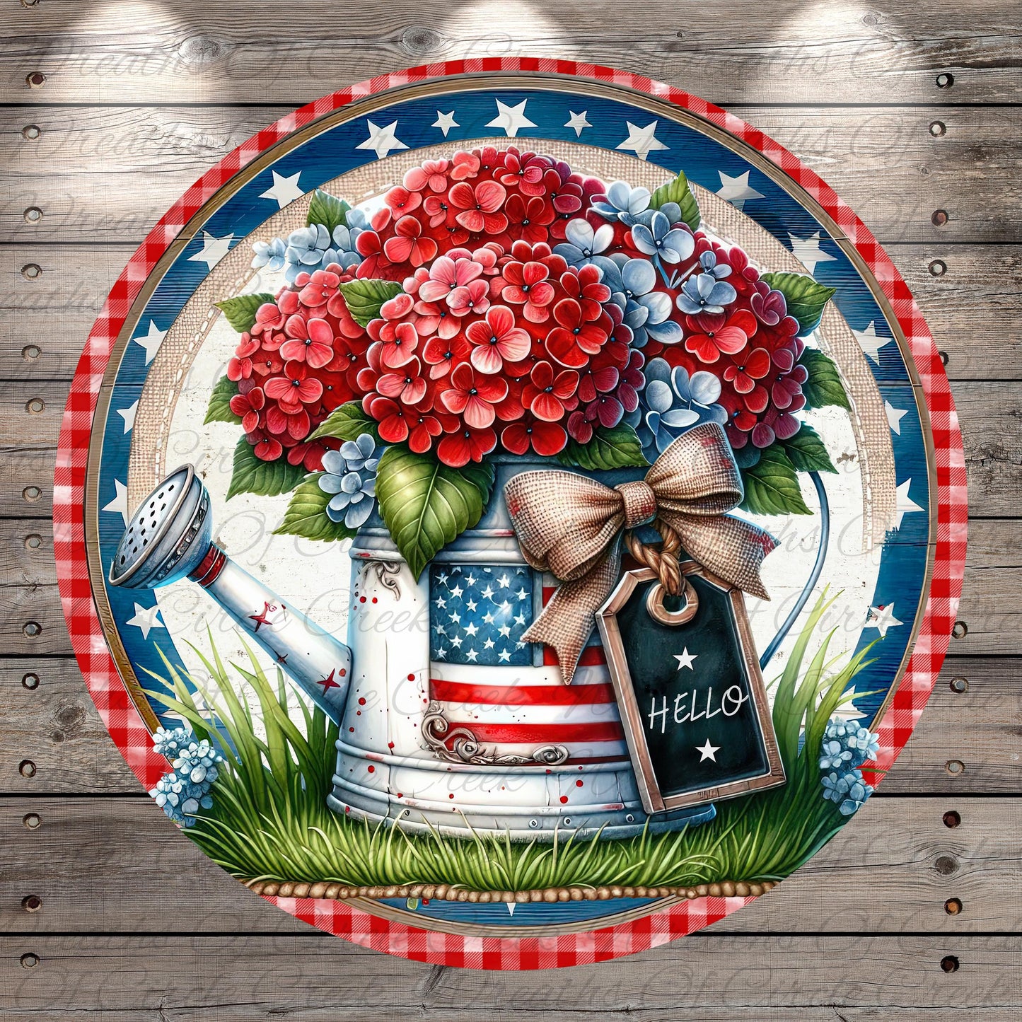 A round, decorative plate featuring a vase filled with red hydrangeas and blue hydrangeas, along with a watering can and a sign that says "Hello". The plate is set against a background with a red and white checkered border, and the overall design has a patriotic theme with elements like stars and the American flag.