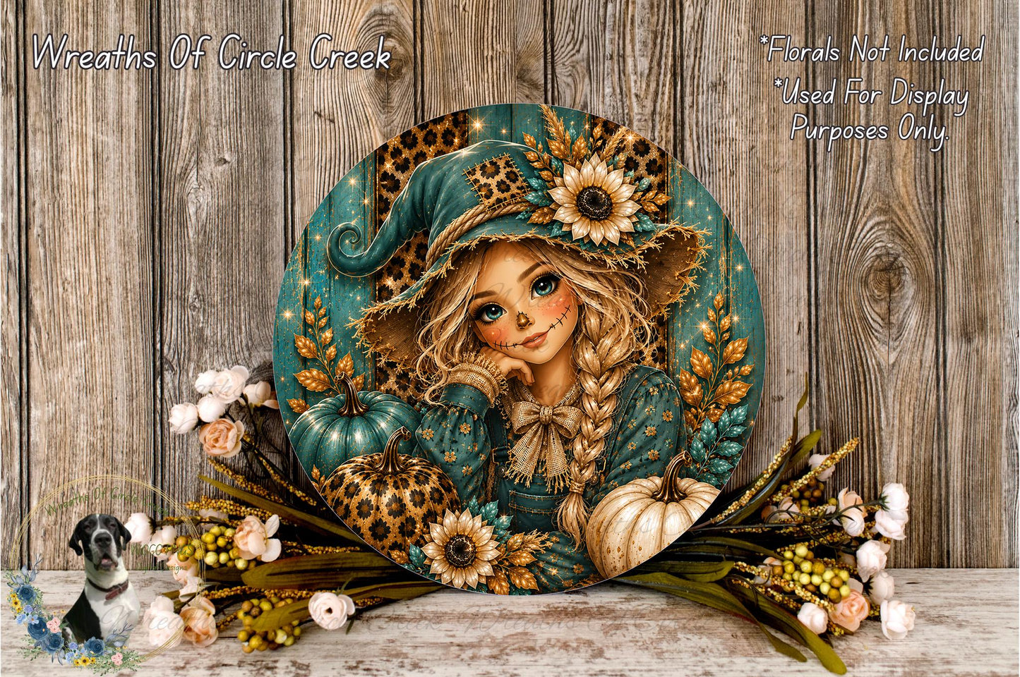 a round, decorative plate with a painting of a young girl wearing a green hat and surrounded by autumn-themed elements such as pumpkins, flowers, and leaves.