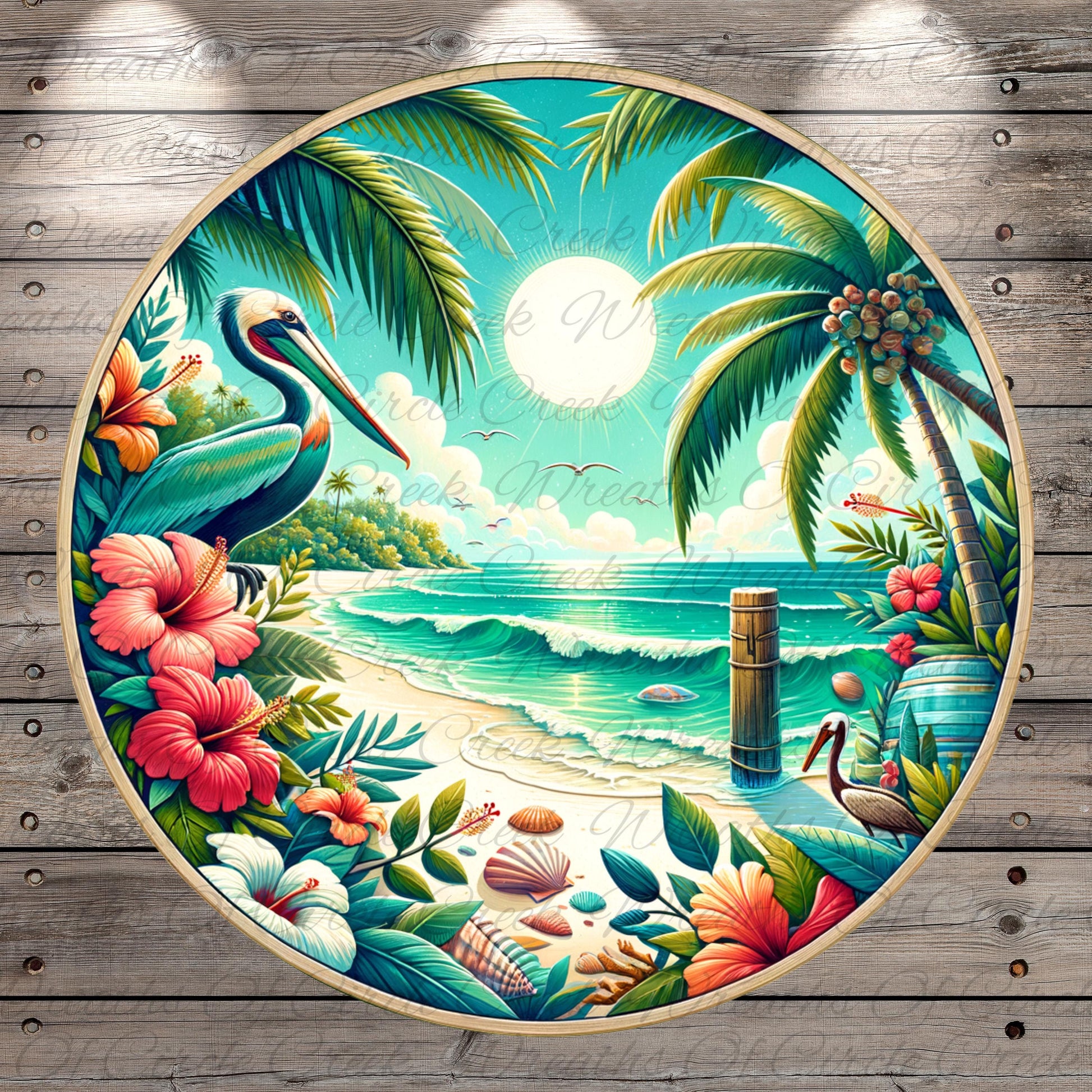 A vibrant and colorful illustration depicting a tropical beach scene with palm trees, flowers, and a large bird, all set against a backdrop of a bright blue sky and a large white sun.
