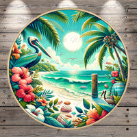A vibrant and colorful illustration depicting a tropical beach scene with palm trees, flowers, and a large bird, all set against a backdrop of a bright blue sky and a large white sun.