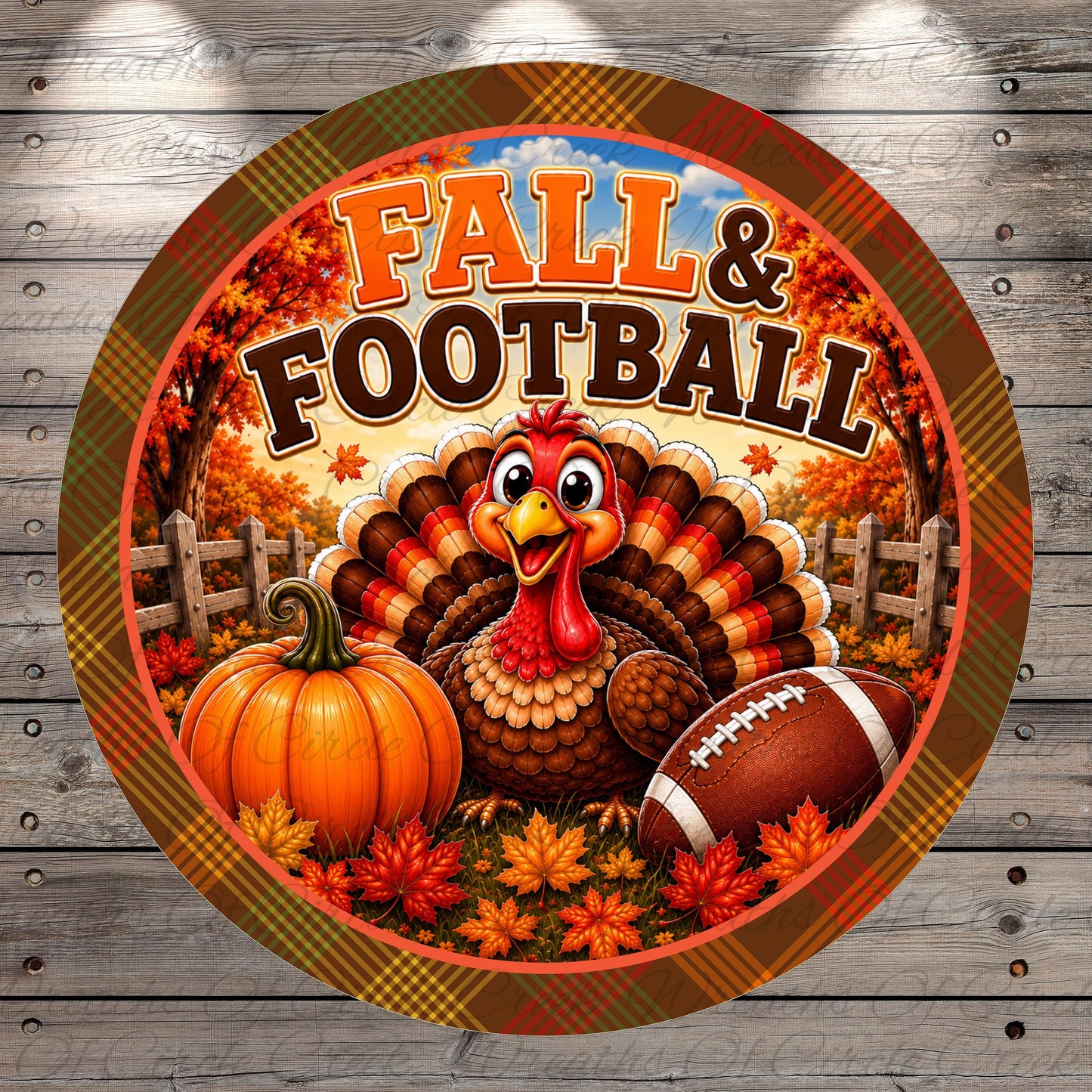 A cheerful turkey surrounded by autumn leaves, a pumpkin, and a football, with the text "FALL & FOOTBALL" prominently displayed.