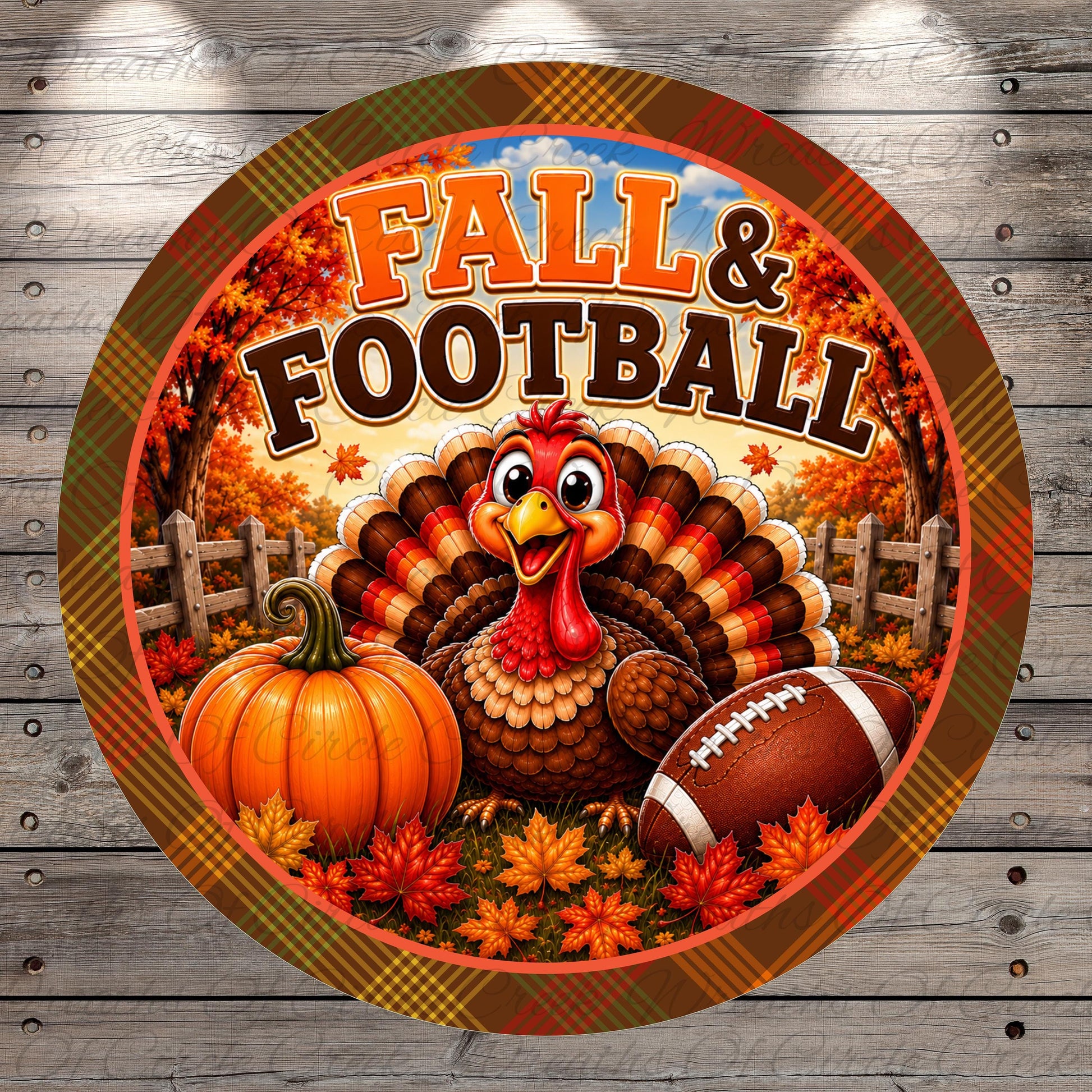 A cheerful turkey surrounded by autumn leaves, a pumpkin, and a football, with the text "FALL & FOOTBALL" prominently displayed.