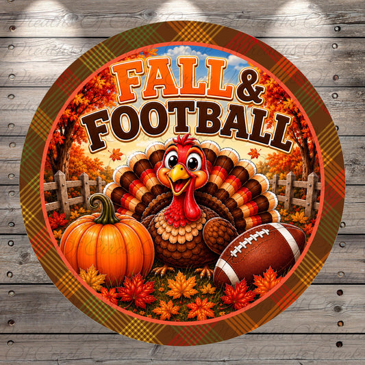A cheerful turkey surrounded by autumn leaves, a pumpkin, and a football, with the text "FALL & FOOTBALL" prominently displayed.