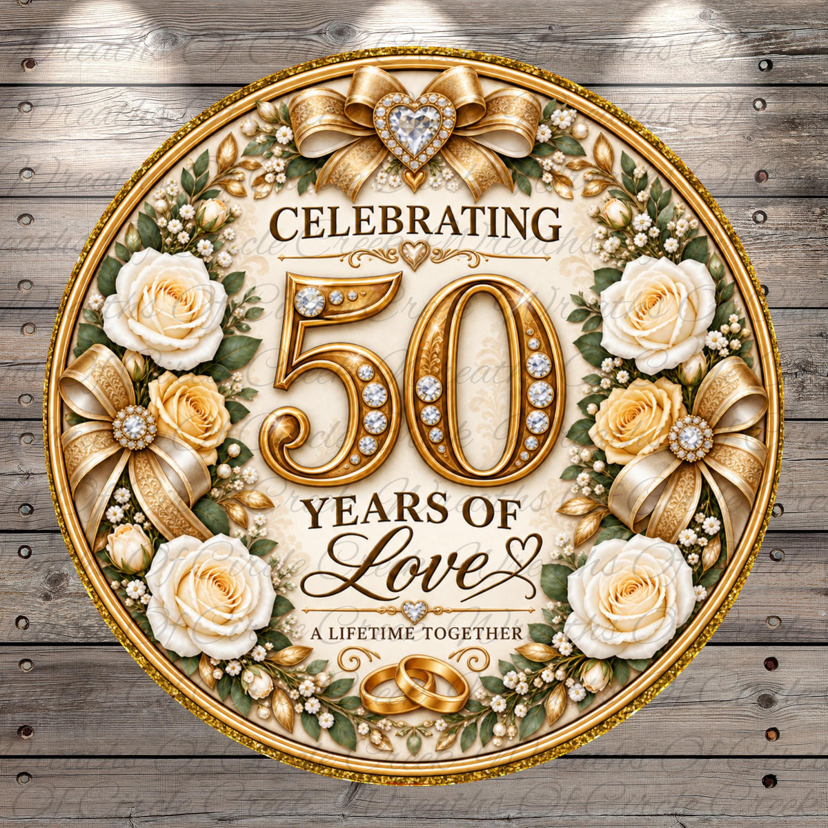 The image is a celebratory graphic design featuring a golden circle with the number 50, surrounded by white roses, gold ribbons, and a heart. The text "CELEBRATING 50 YEARS OF LOVE" is prominently displayed, along with the phrase "A LIFETIME TOGETHER" at the bottom.