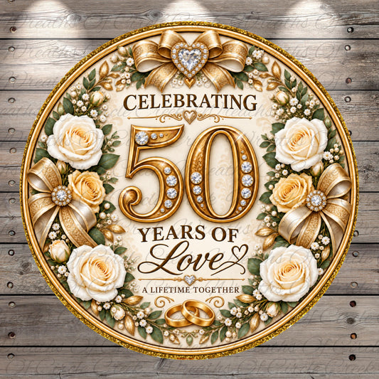 The image is a celebratory graphic design featuring a golden circle with the number 50, surrounded by white roses, gold ribbons, and a heart. The text "CELEBRATING 50 YEARS OF LOVE" is prominently displayed, along with the phrase "A LIFETIME TOGETHER" at the bottom.