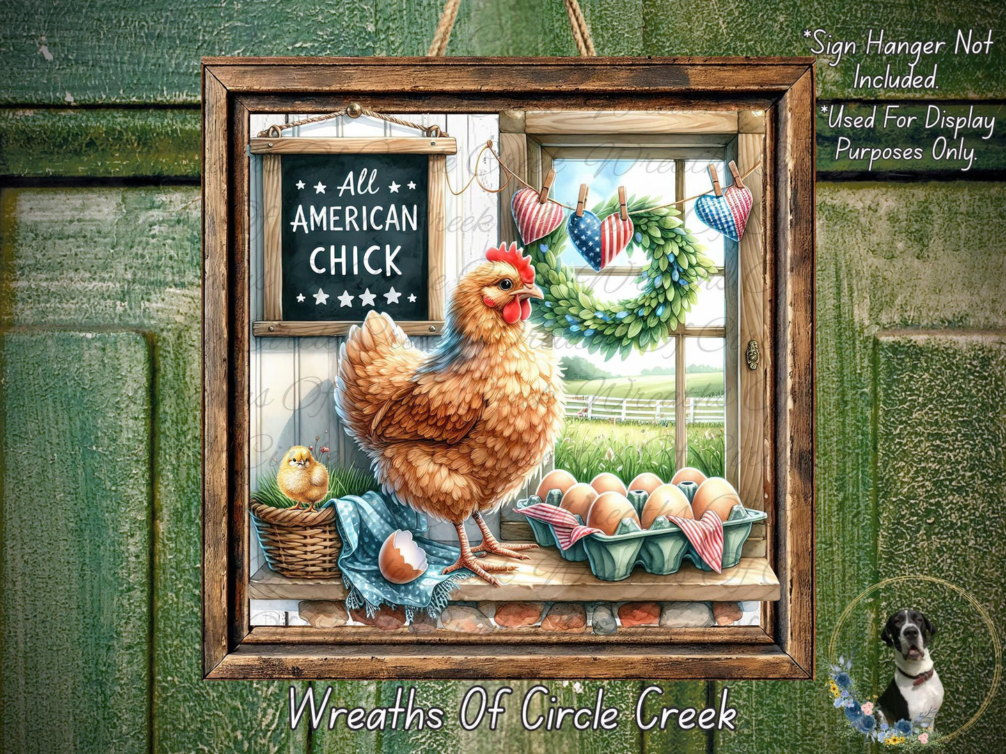 The image is a framed illustration depicting a chicken standing on a shelf with eggs, a wreath, and a sign that says "All American Chick".