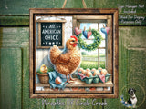 The image is a framed illustration depicting a chicken standing on a shelf with eggs, a wreath, and a sign that says "All American Chick".