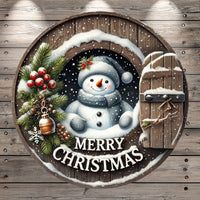 Woodland Snowman, Merry Christmas, Silver, Gray, Round, Light Weight, Metal, Wreath Sign, No Holes In Sign