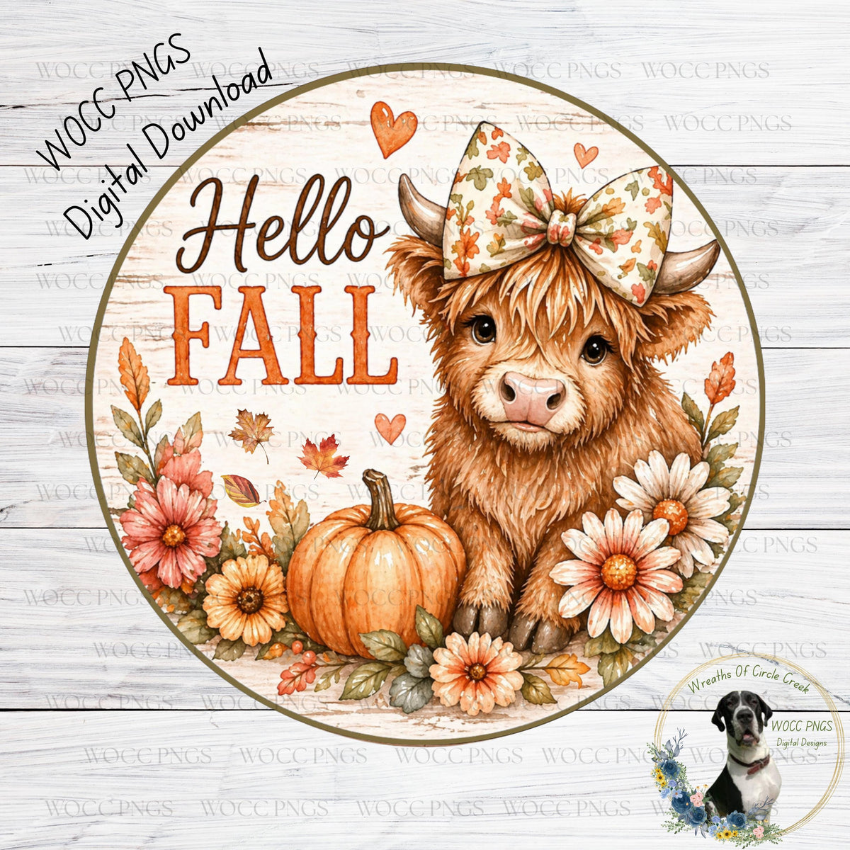 A digital illustration of a cow wearing a bow and surrounded by autumn-themed elements, including a pumpkin, flowers, and leaves. The text "Hello Fall" is displayed above the cow, and the image is labeled as a WCCPNG download.