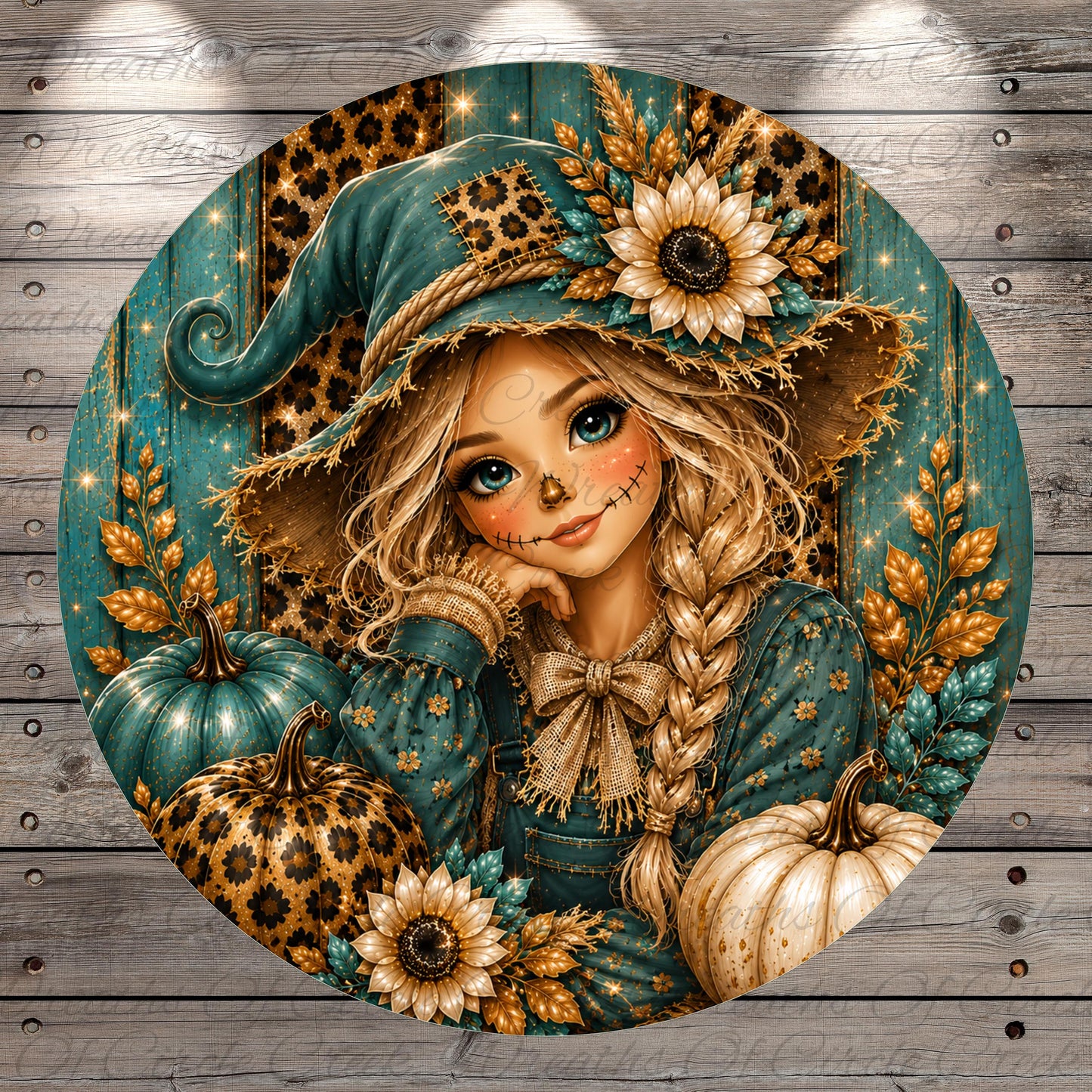 A round illustration depicting a young girl with blonde hair, wearing a green witch's hat and surrounded by autumn-themed elements such as pumpkins, flowers, and leaves.