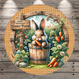 A wooden barrel filled with carrots, surrounded by a garden scene with flowers and plants, and a sign that reads "Bunny approved Carrot Patch".