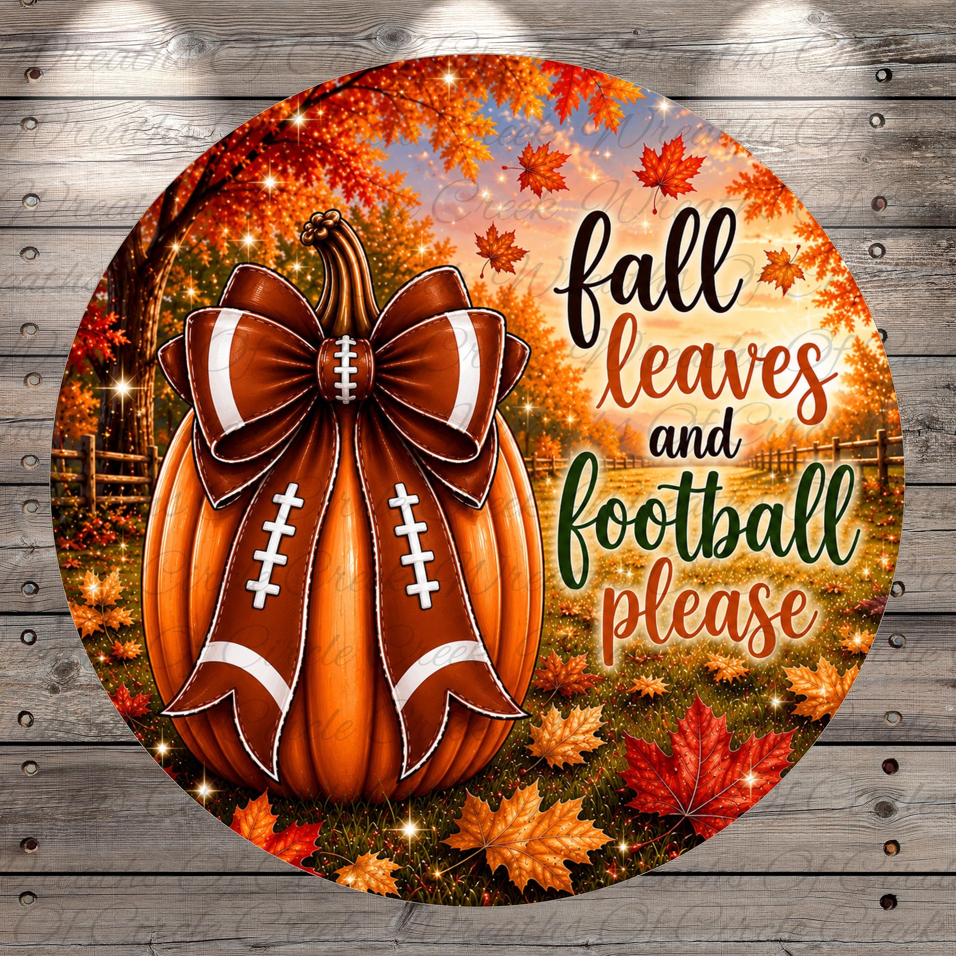 A round pumpkin with a football on top, surrounded by autumn leaves, with the text "fall leaves and football please" written on it.